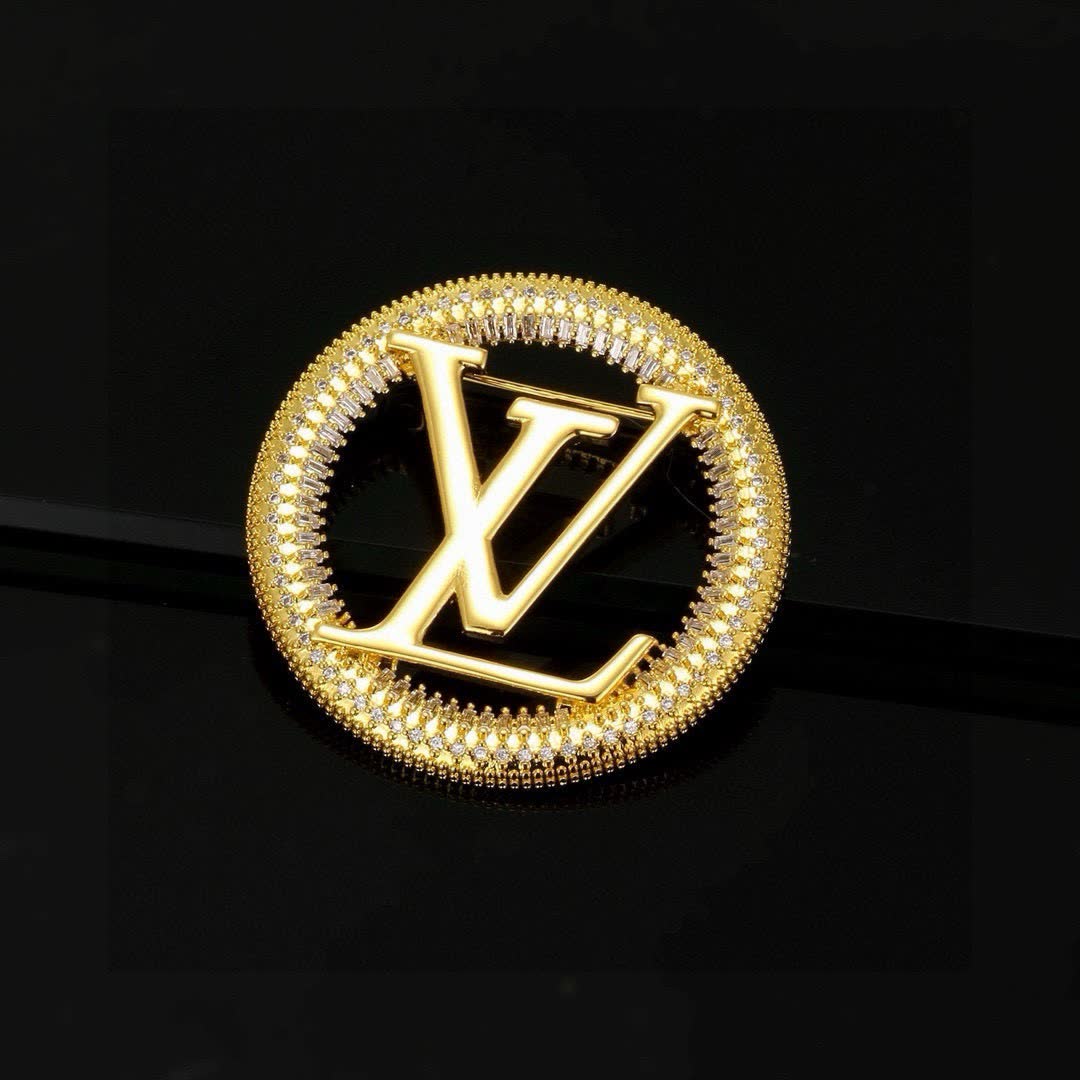Louis Vuitton Gold Tone Logo Brooch with Rhinestones